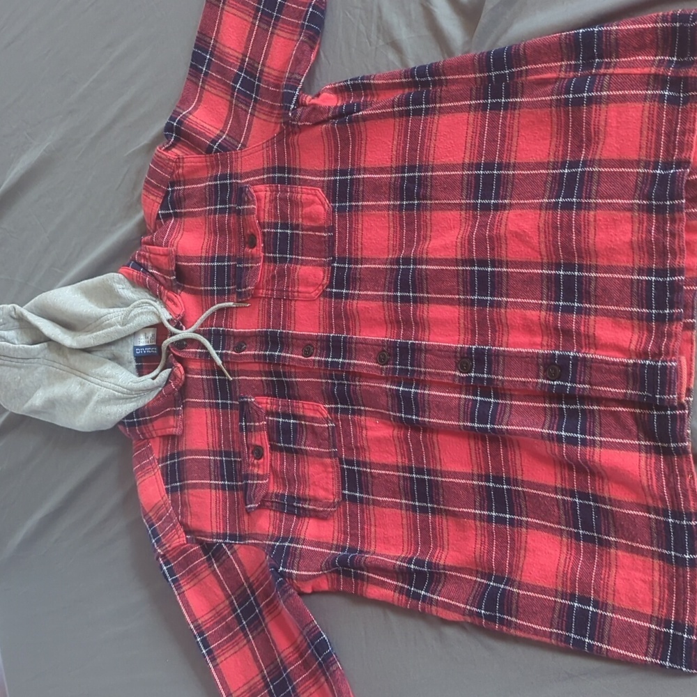 Divided Flannel Button Down Hoody Small Mens